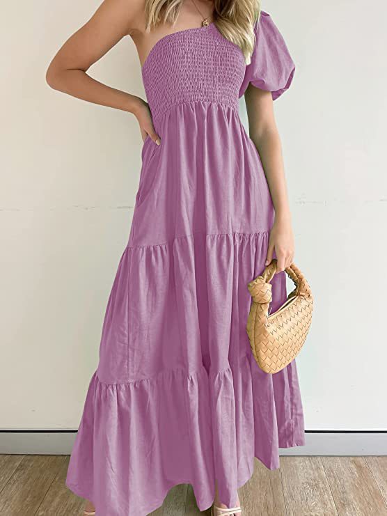 Women's Summer Bohemian Solid Color Smoked Layered Dresses
