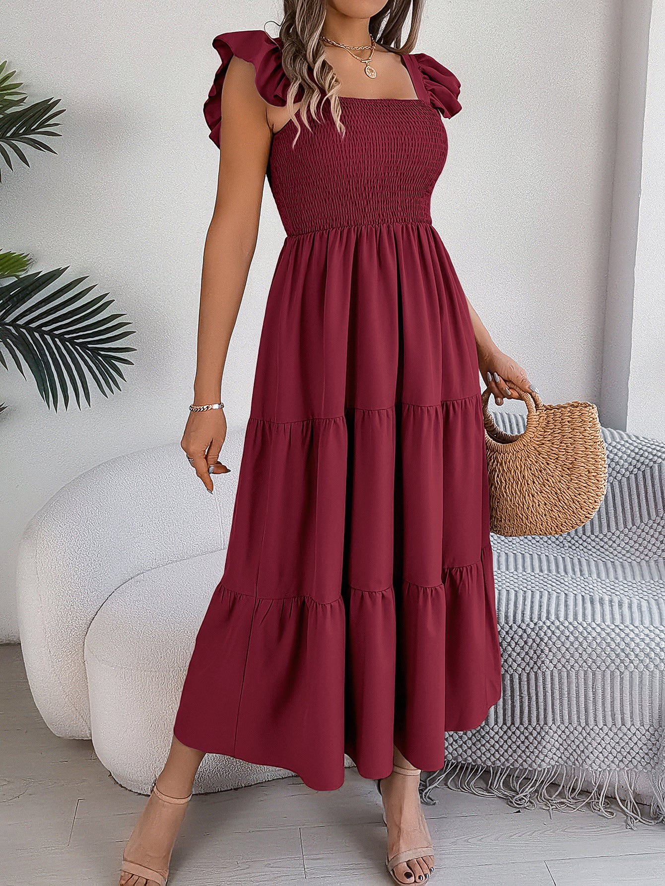 Women's Color Square Collar Wooden Ear Waist Dress