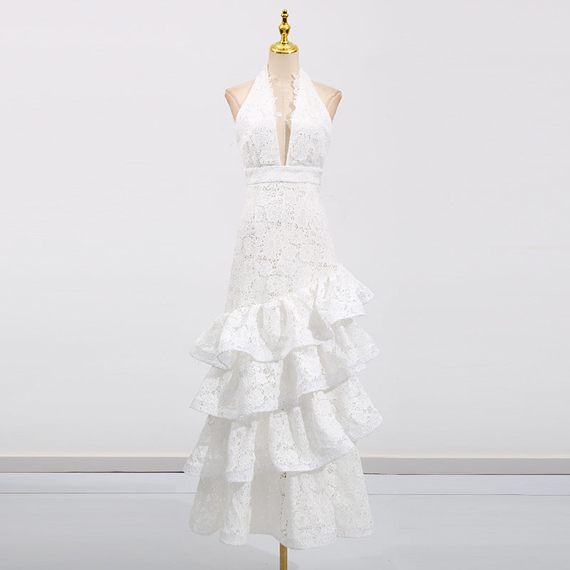 French Elegant Ruffled Long Dress Pure White Dresses