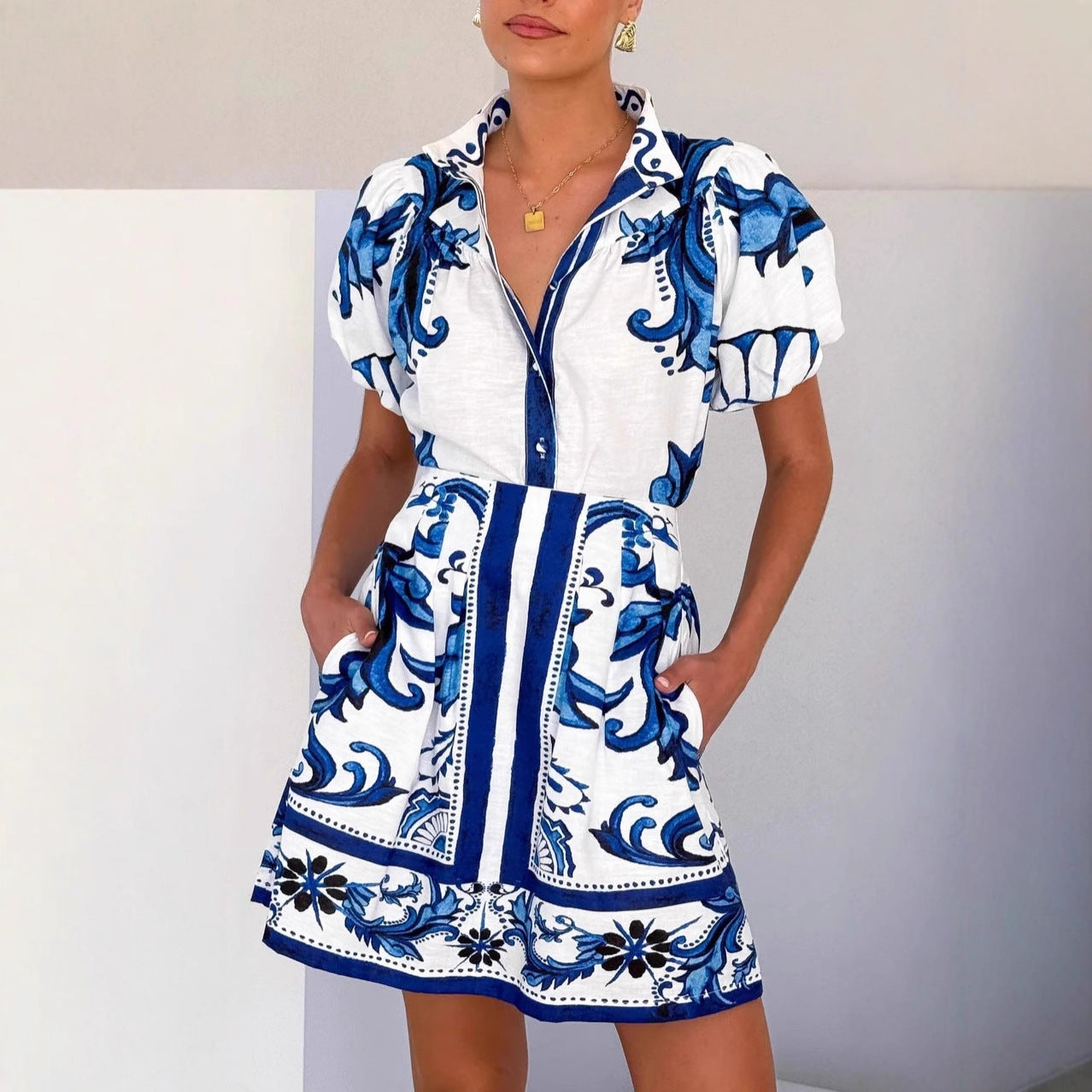 Unique Classic Puff Sleeve Linen Outfit Fashion Casual Suit