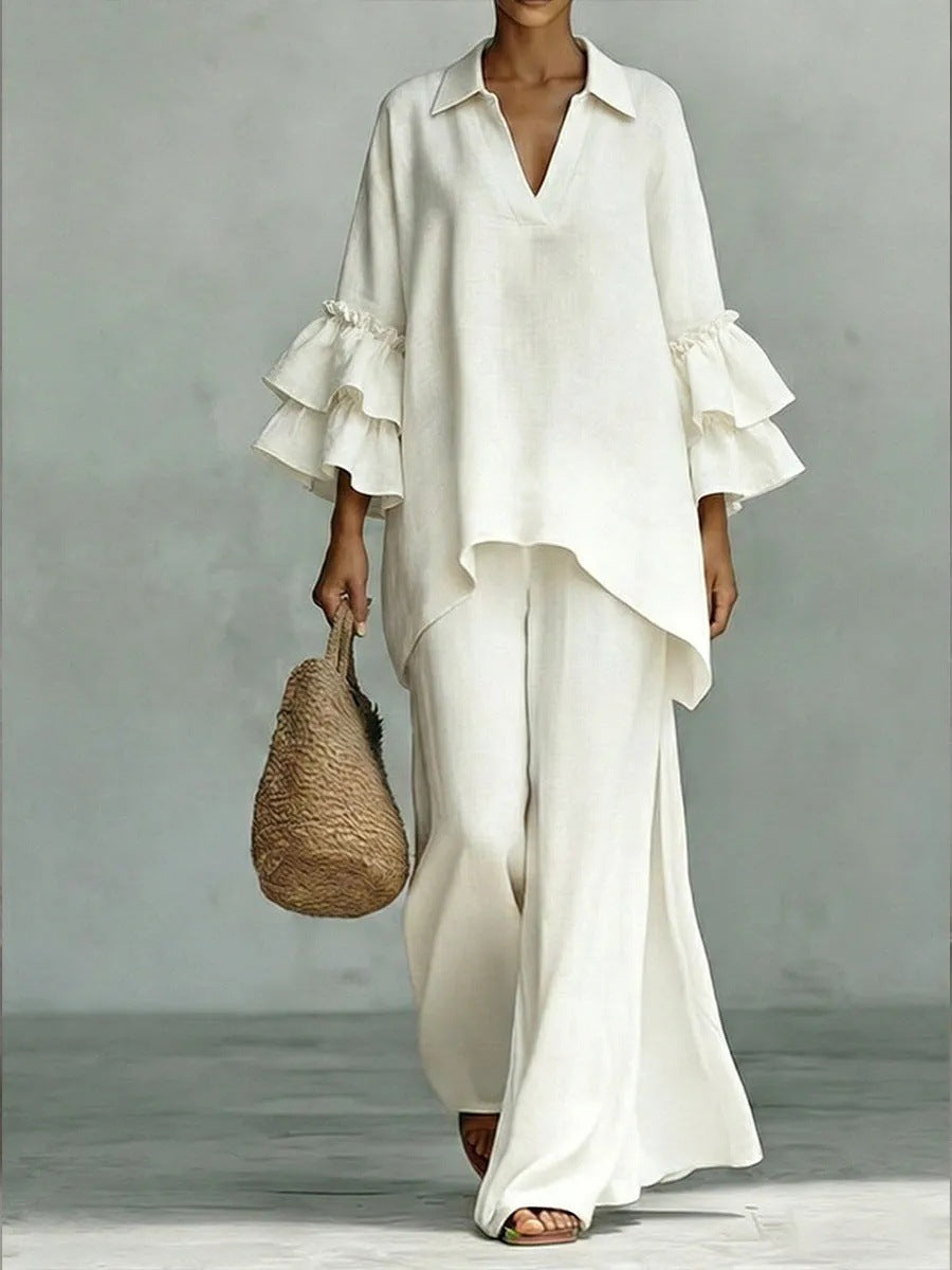Women's Solid Color Shirt Collar Loose Trousers Fashion Casual Suit