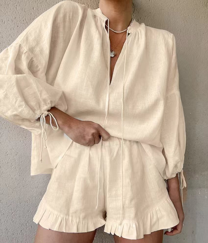 Linen Solid Color Loose Lantern Sleeve Two-piece Summer Suits