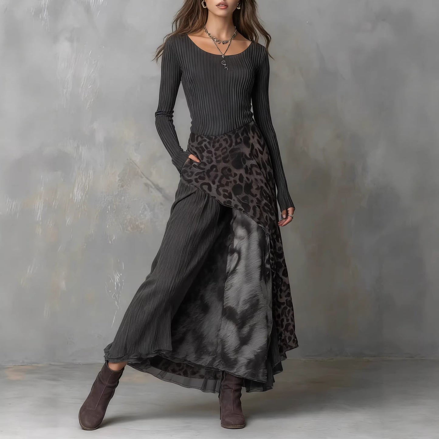 Leopard Print Elastic Waist Large Swing Dress