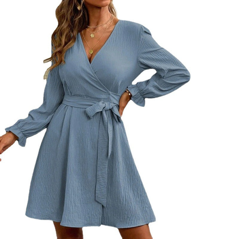 Solid Color Slit Collar Drawstring Lantern Dress