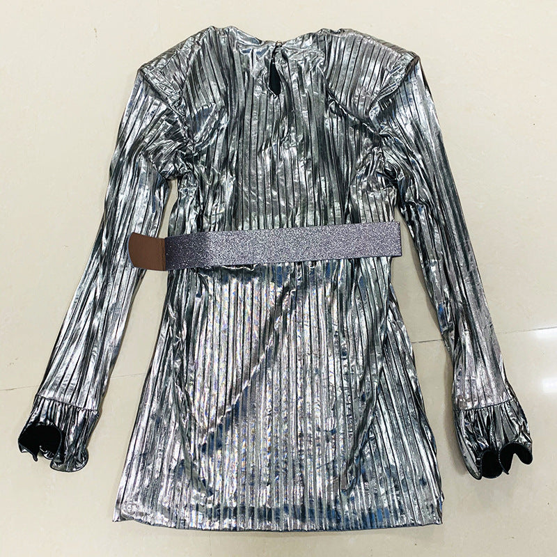 Trendy Unique Belt Shiny Pleated Ultra Shorts