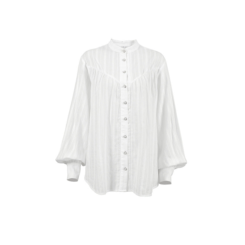 Women's Cotton Jacquard Stand Collar Shirt Loose Blouses