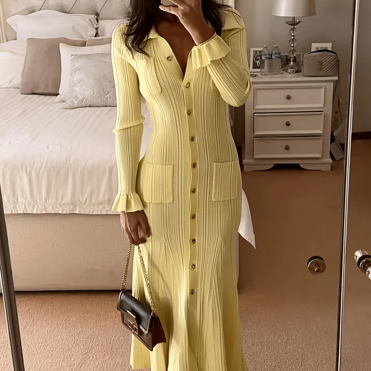 Women's French Lapel Solid Color Elegant Knitted Dress