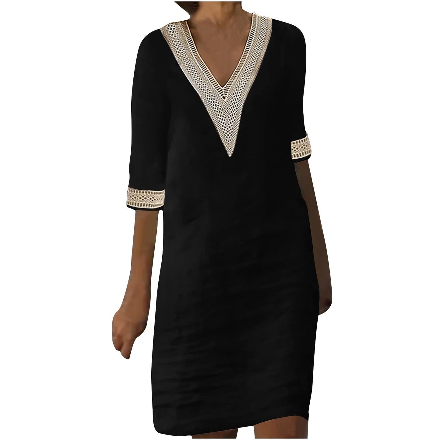 Women's Linen Small Lace Patchwork Retro Solid Dresses