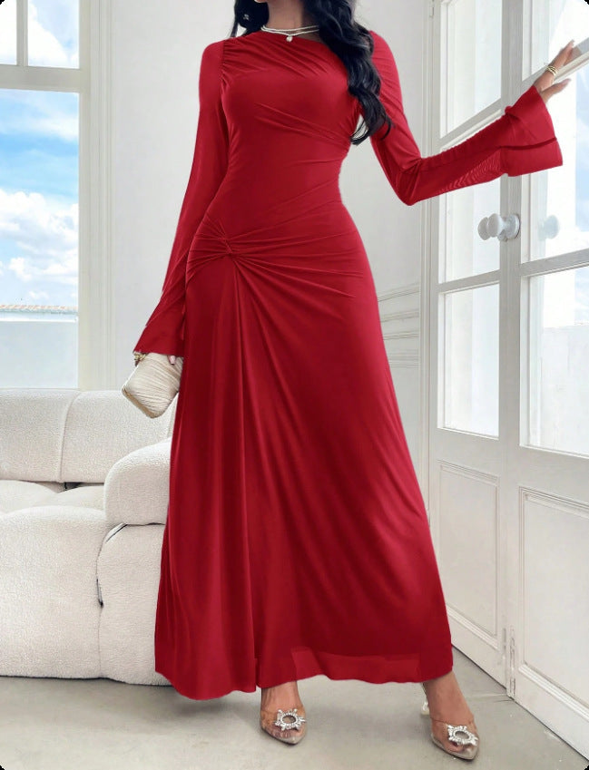 Flared Sleeves Tight Waist Pinch Pleated Slim Fit Solid Color Dress