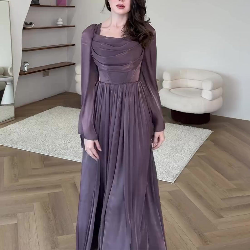 Women's Autumn French Square Collar Pleated Slim Dresses