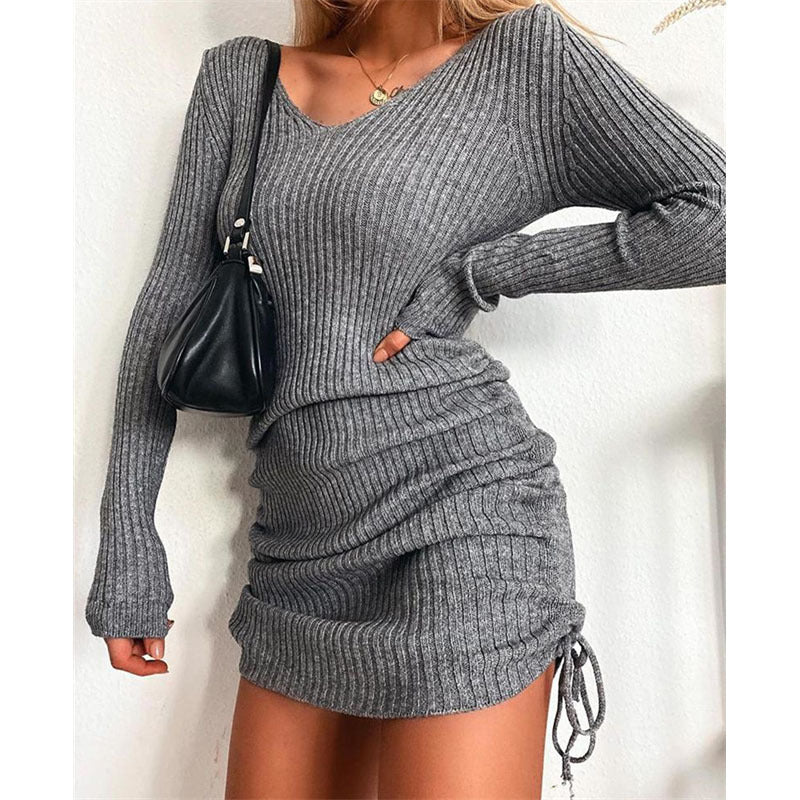Sleeve Sexy Slim Thread Pleated Drawstring Dress