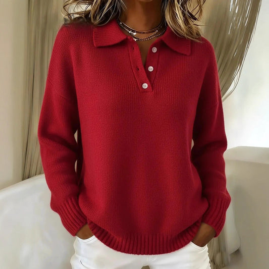 Women's Loose Lazy Style Soft Glutinous Polo For Long Sleeve Button Sweater