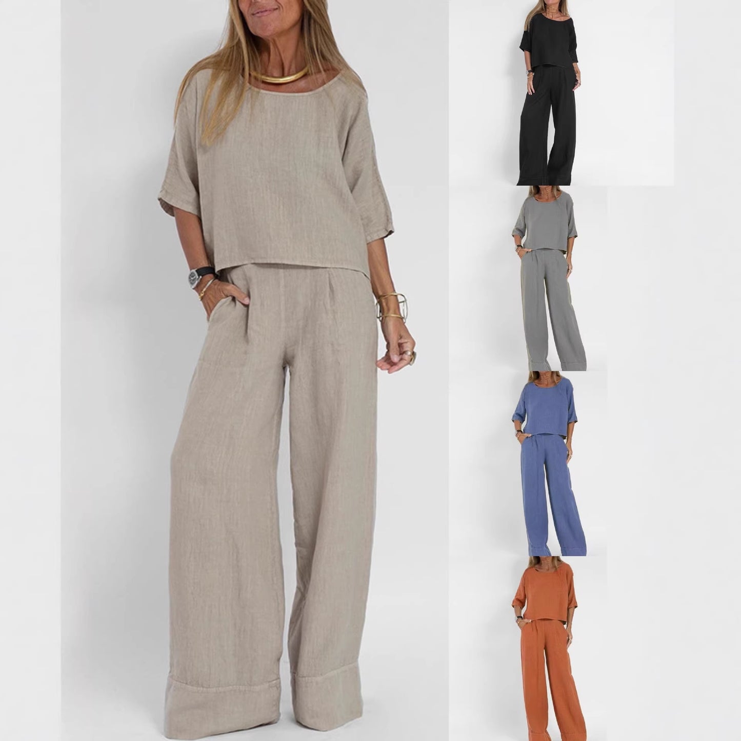 Women's Pocket Trousers Beach Sleeve Pullover Cotton Linen Solid Color Two Fashion Casual Suit
