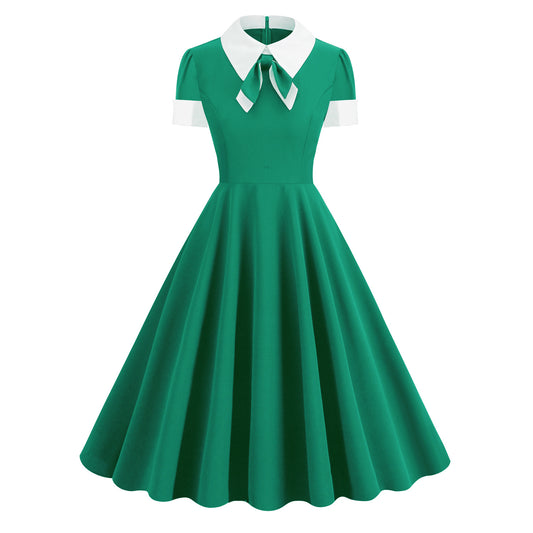 Collar Bow Contrast Color Sleeve Retro Dresses