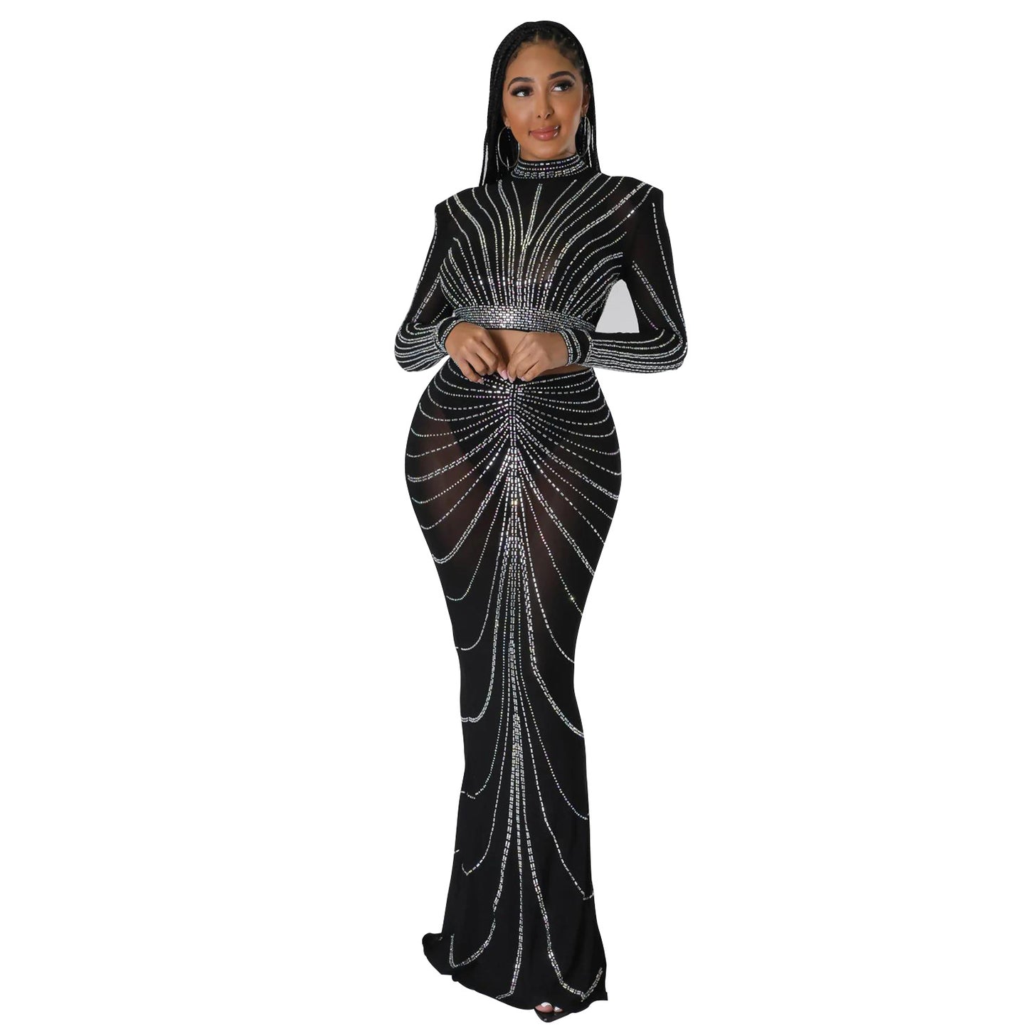 Women's Sexy Long Sleeve Mesh Rhinestone Two-piece Suits