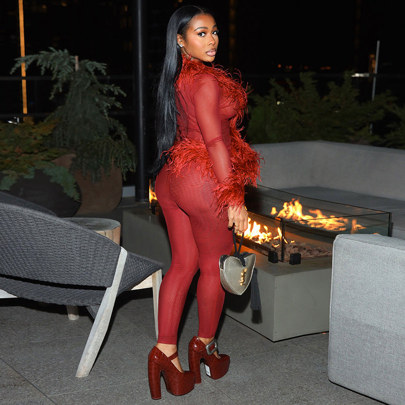 Color Mesh Stitching Plush Long-sleeved Tight Suits