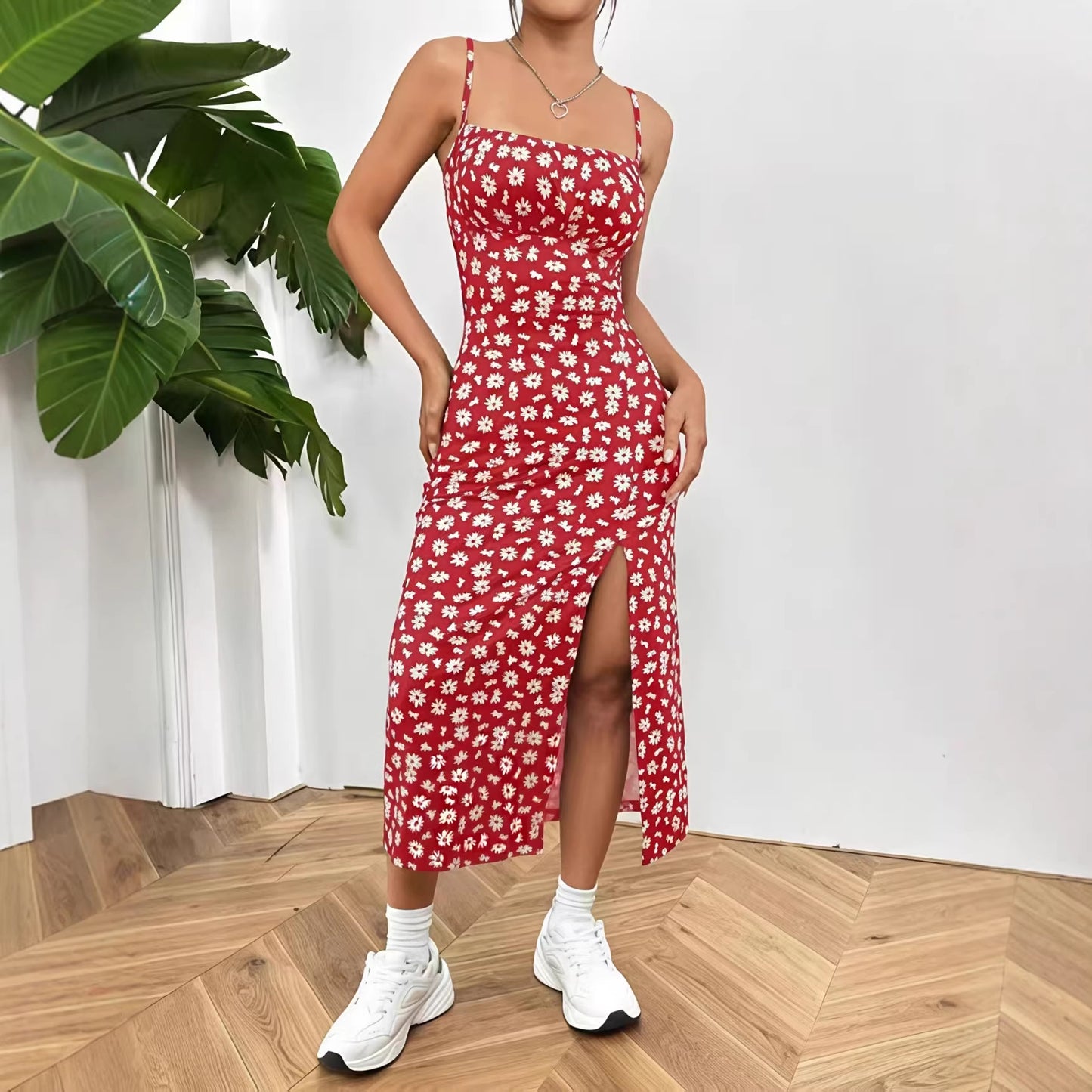 Women's Slit Daisy Blue White Porcelain Series Dress