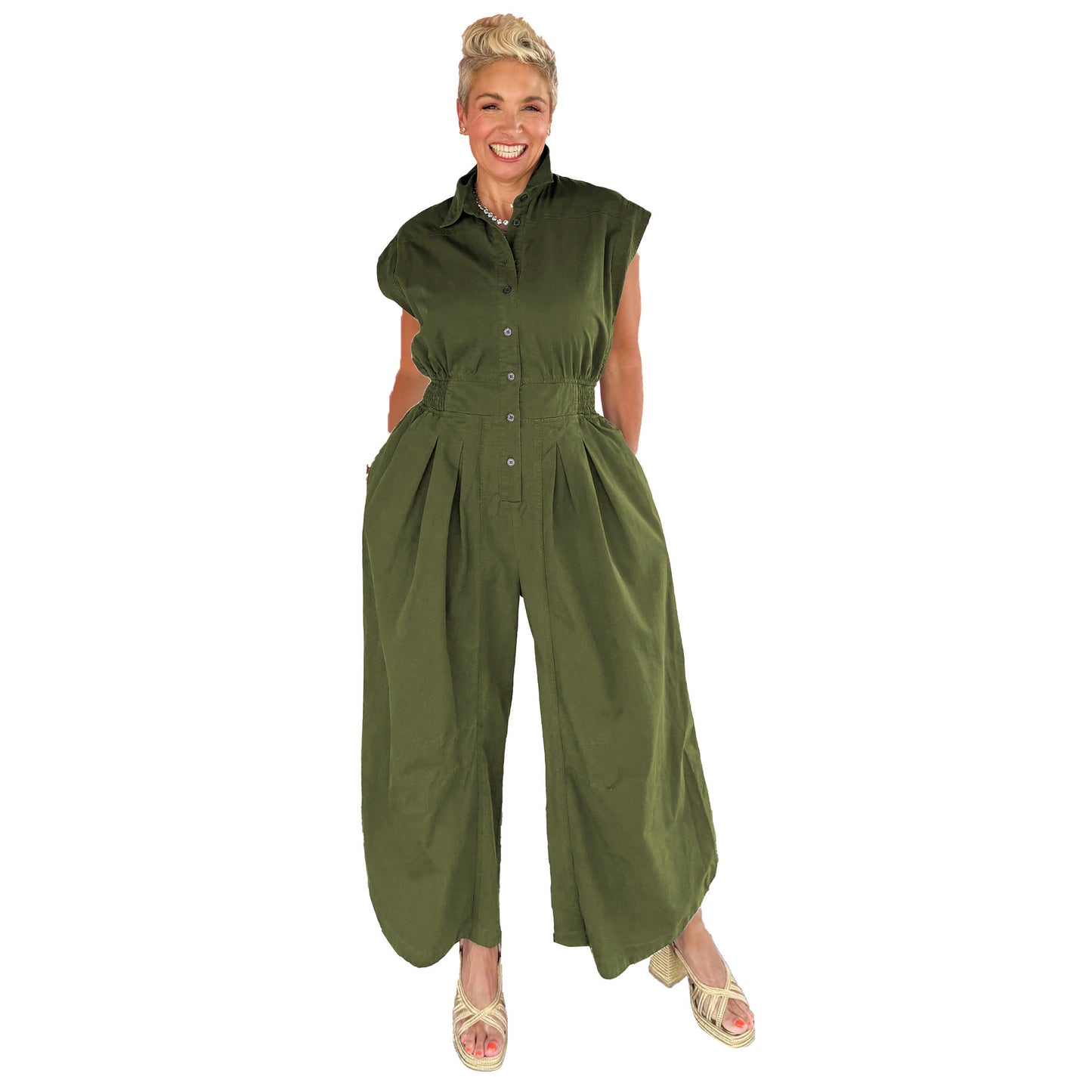Lapel Sleeveless Button Tight Waist Overalls Suits