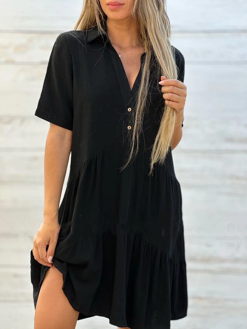 Women's Loose Solid Color Polo Collar Casual Sleeve Dress