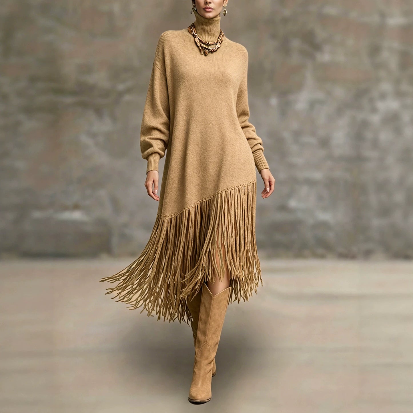 Women's Bohemian Long Fringe Design Solid Color Mature Dress