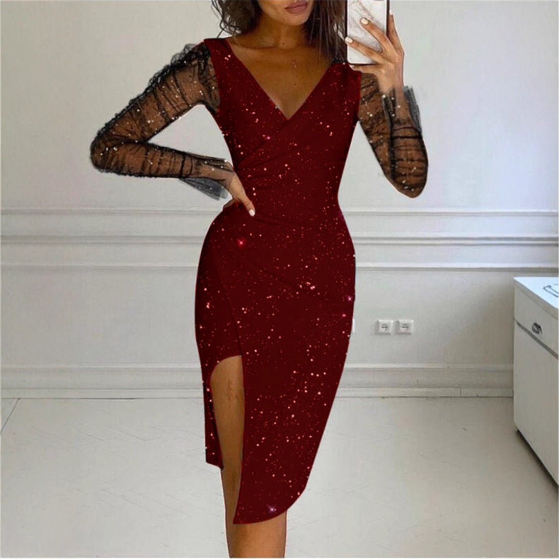 Innovative Women's Rhinestone Hip Sexy Mesh Dress