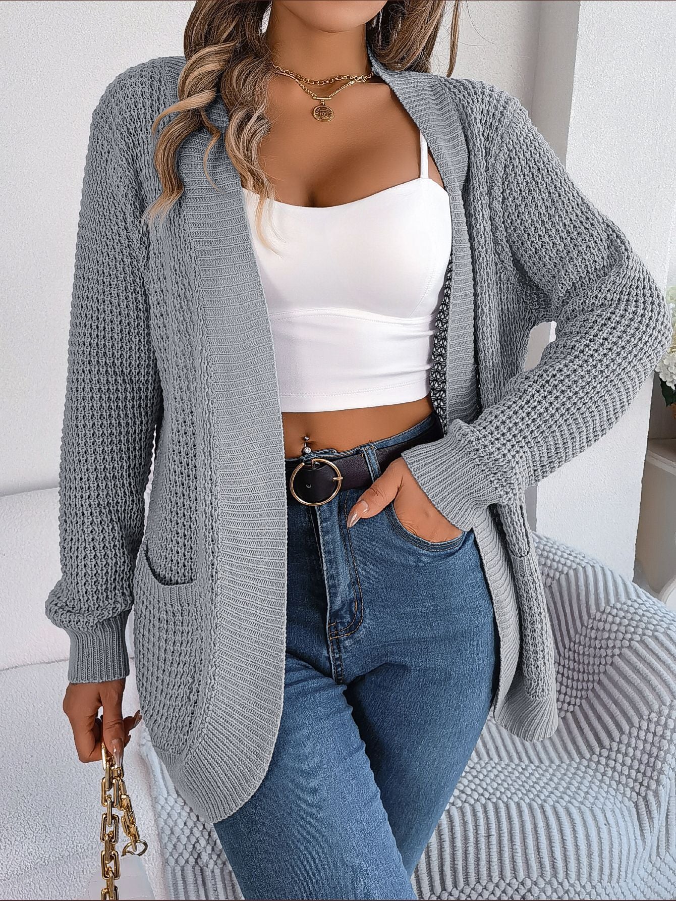 Women's Casual Pocket Long Sleeve Knitted Sweater