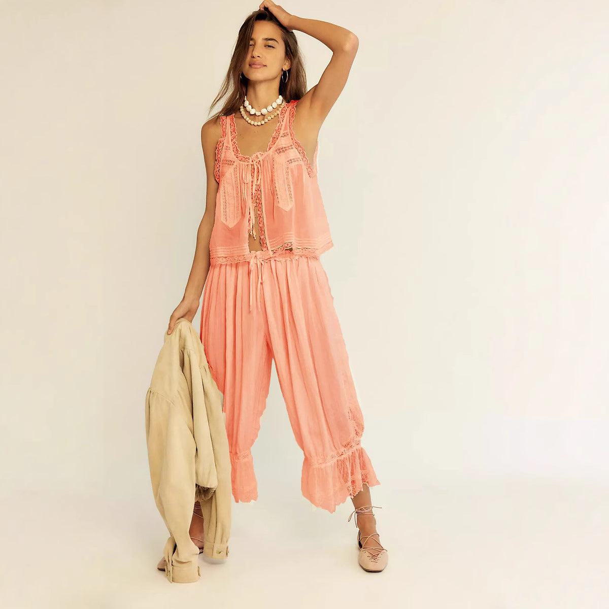 Women's Two-piece Set Stitching Lace Casual Suits