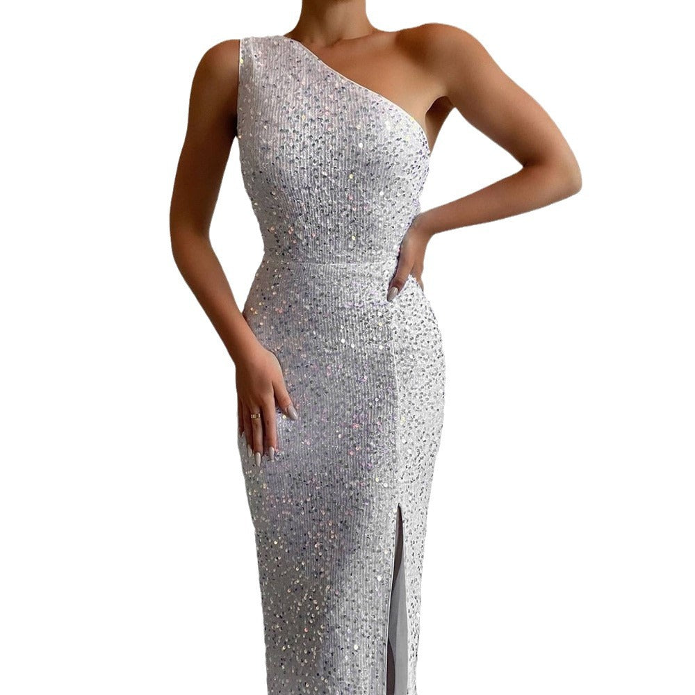 Women's Winter Pink Split Dress One Shoulder Dresses