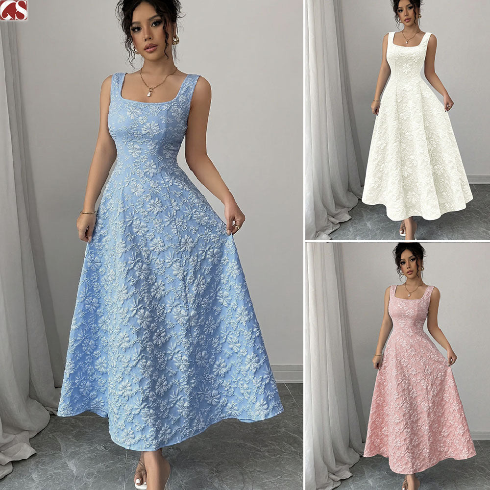 Summer Elegant Simple Jacquard Square Collar Clothing