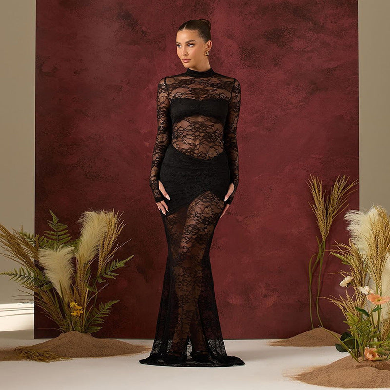 Hot Style Jacquard Lace Half Turtleneck Long Dress