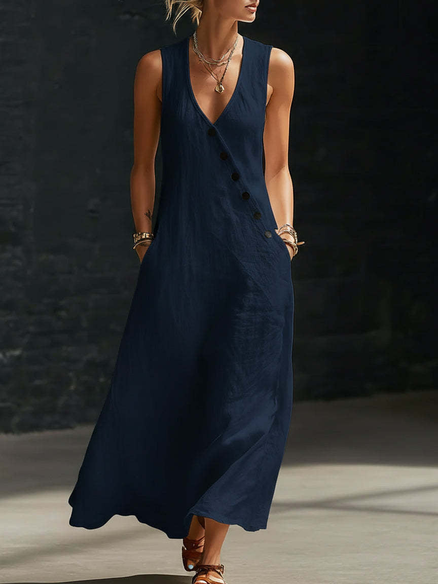 Idle Style Double-breasted Cotton Linen Sleeveless Dress