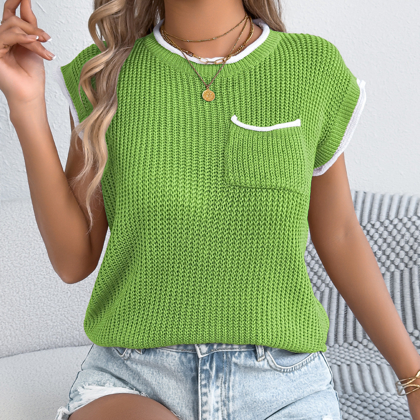 Women's Color Matching Pocket Batwing Sleeve Casual Clothing