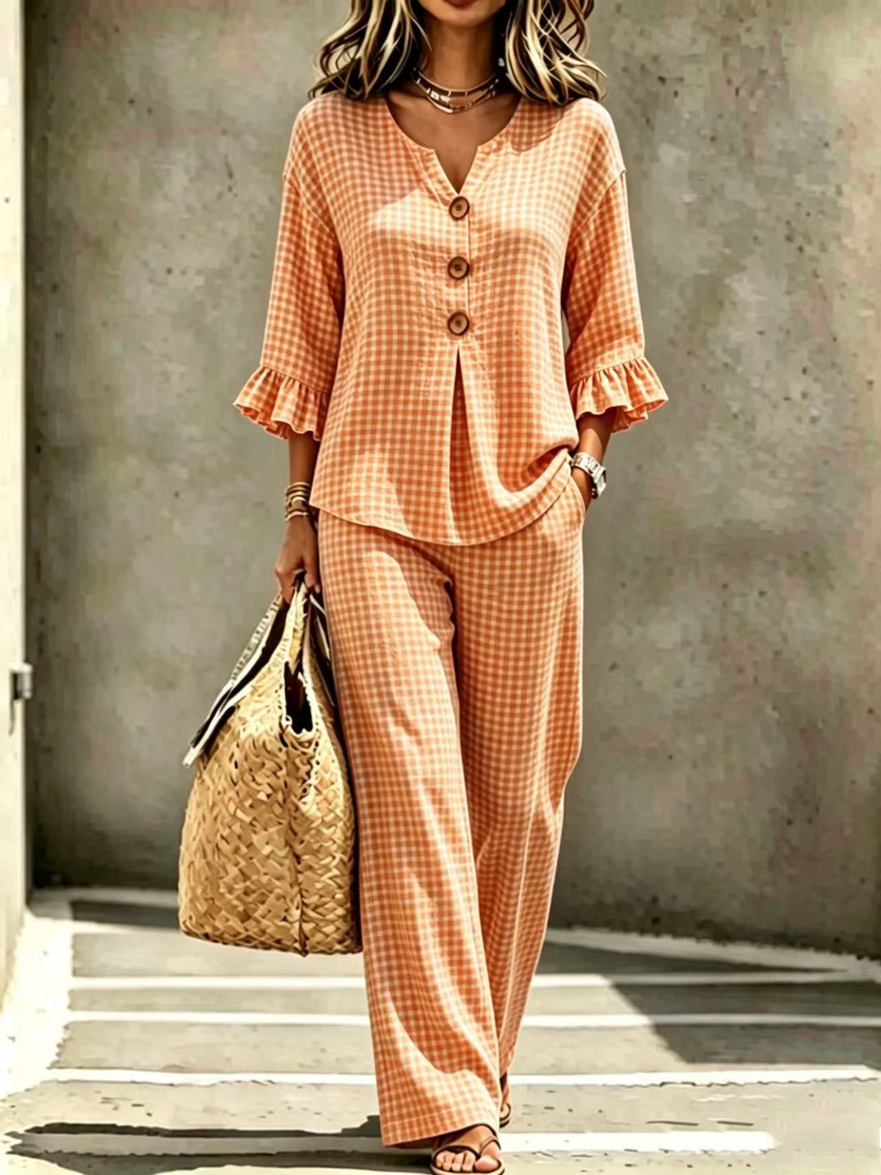 Women's Button Flounce Plaid Sleeve Trousers Tops