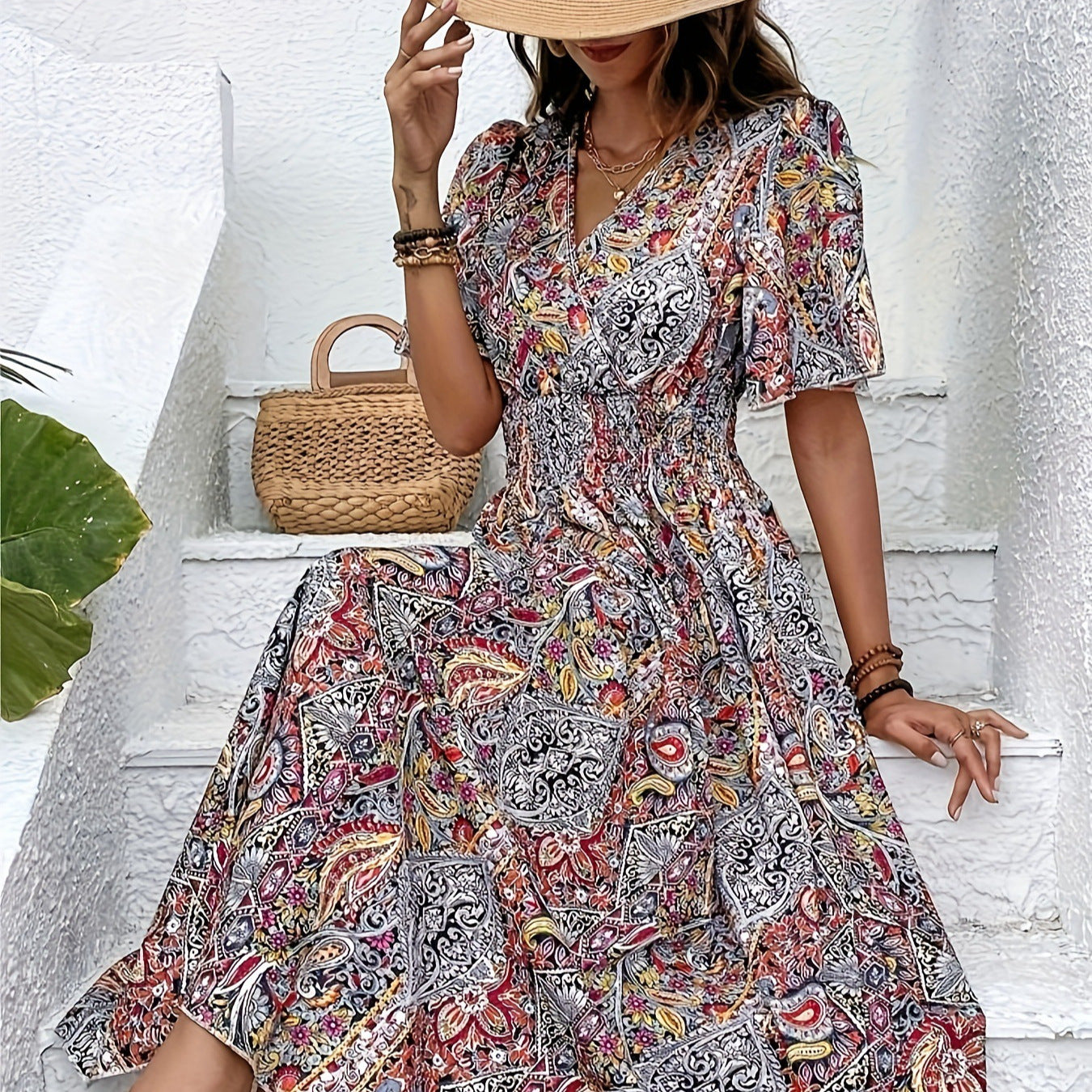 Women's Graceful Fashionable High Waist Bohemian Holiday Ethnic Dress