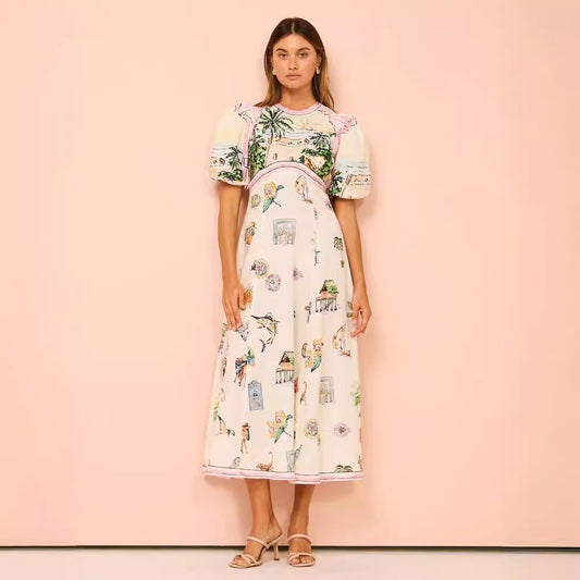 Printing Fashion Puff Sleeve Slim Fit Dresses