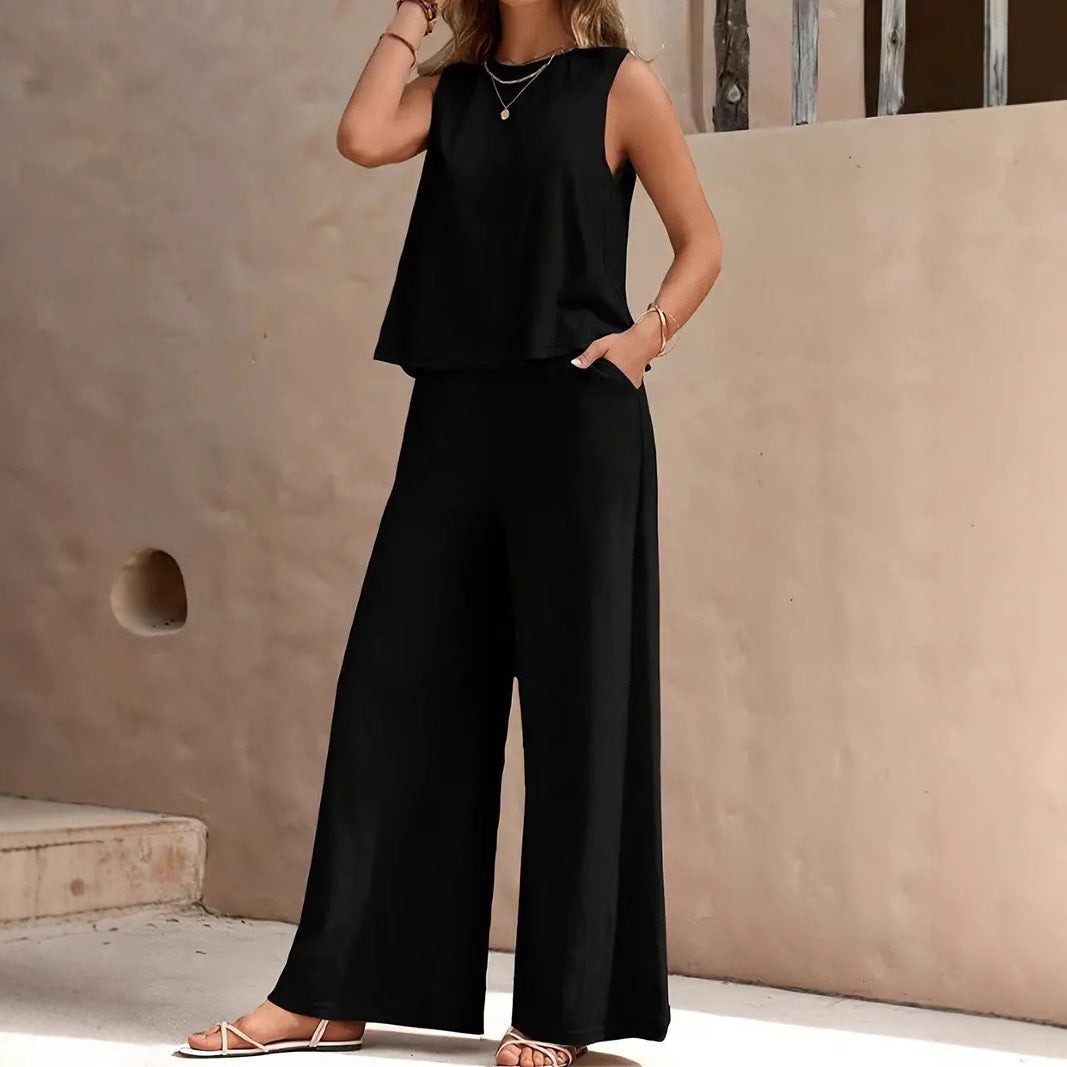Women's Round Neck Wide Leg Cotton Linen Fashion Casual Suit