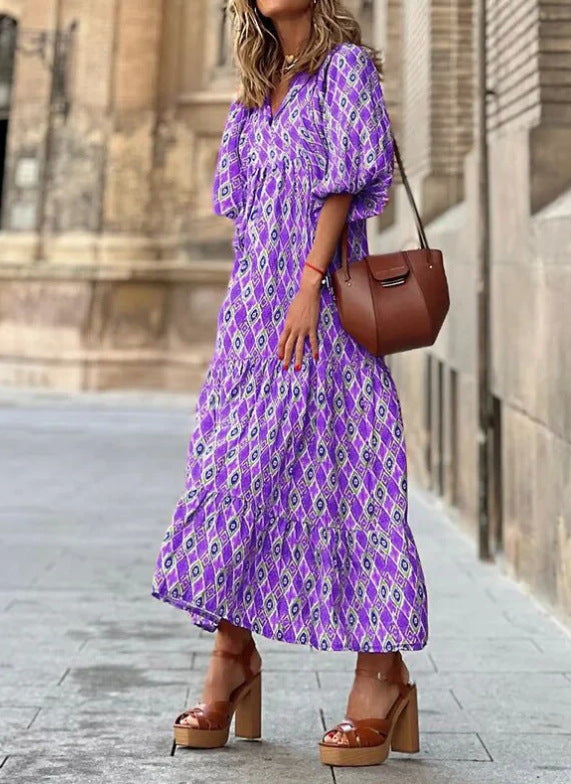 Women's Loose Bohemian Round Neck Lantern Sleeve Dress