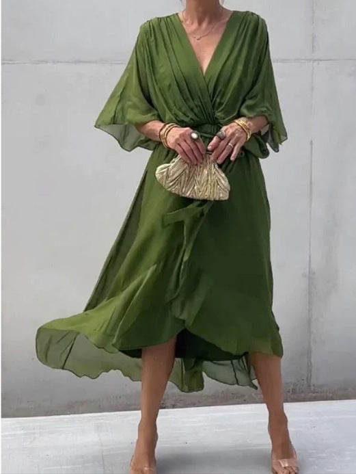 Women's Pure Color Tied Long Batwing Sleeve Dress