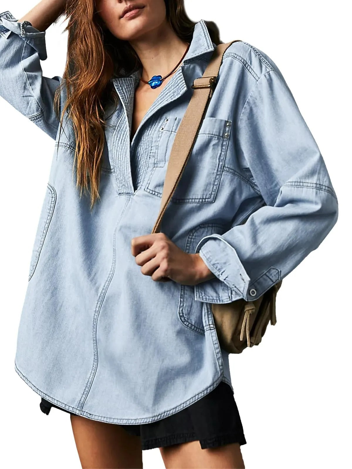 Women's Fashionable Casual Figure Flattering Denim Long-sleeved Blouses