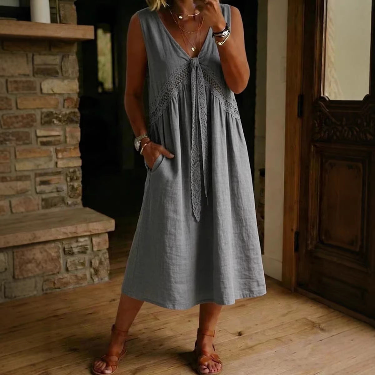 Women's Linen Pure Color Cotton Sleeveless Dress
