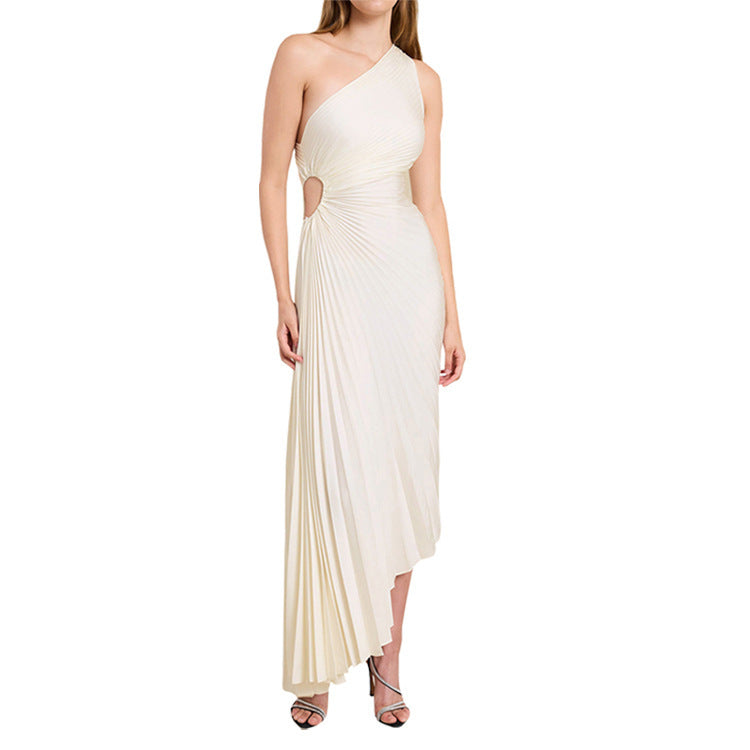 Women's Fashion Solid Color Casual Sexy Temperament One Shoulder Diagonal Evening Dresses