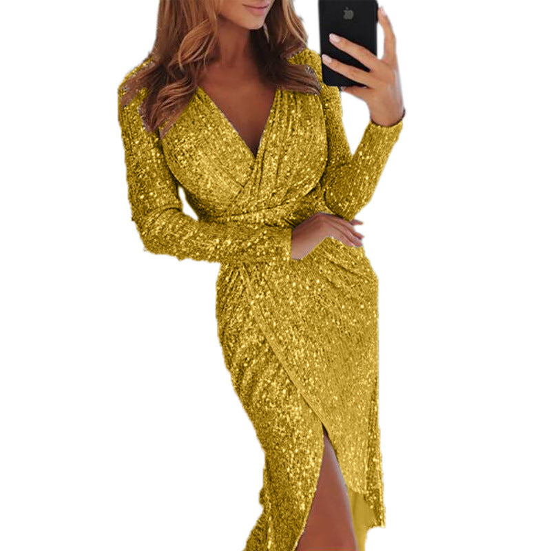 Women's Gilding Long-sleeved Shiny For Dinner Sexy Dress