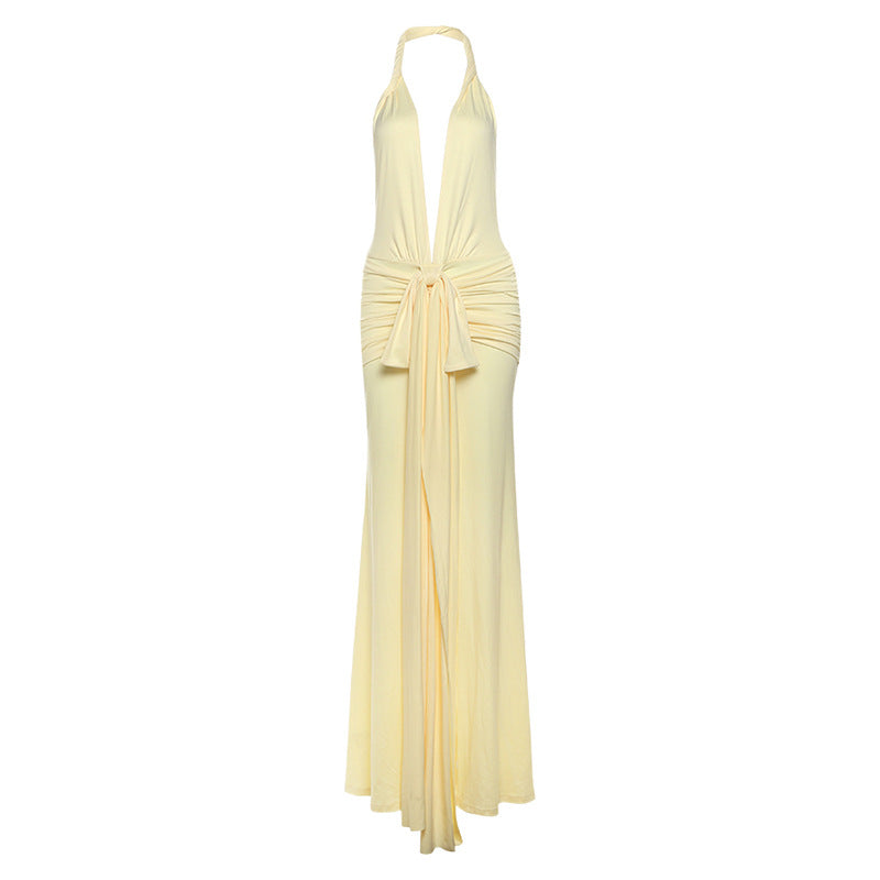 Women's Sexy Backless Halter Deep Pure Color Dresses