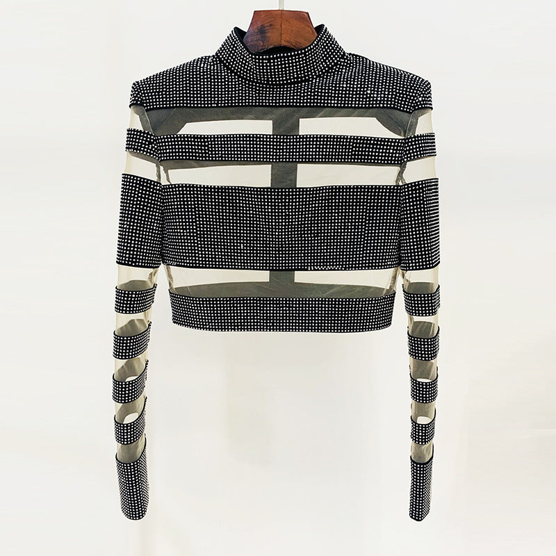 Temperament Fashion Mesh Patchwork Hot Drilling Tops