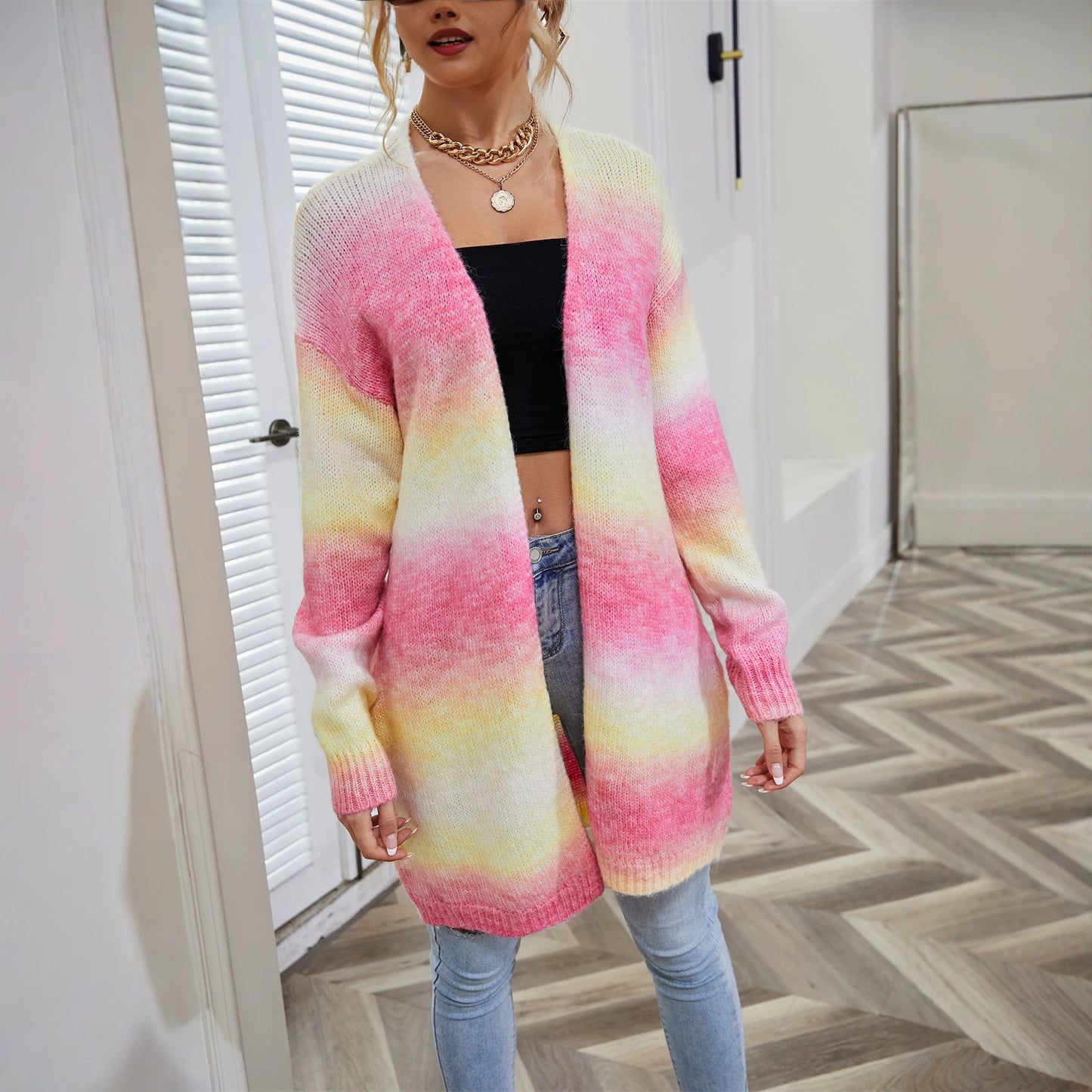 Pretty Women's Winter Rainbow Mid-length Loose Sweater
