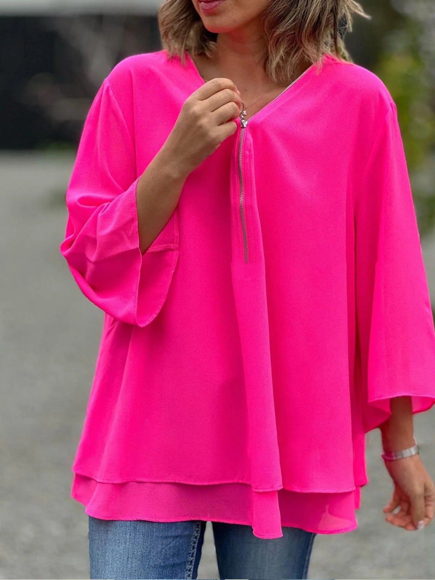 Sleeves Casual Chiffon Metal Zipper Loose Tops