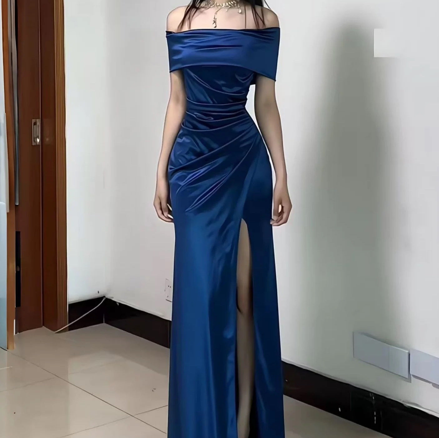 French Style Gown Satin Texture Slit Dress