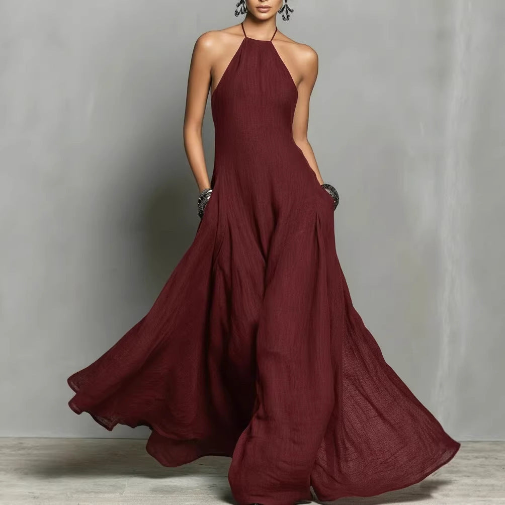Cotton Linen Blended Simple Backless Sleeveless Dress