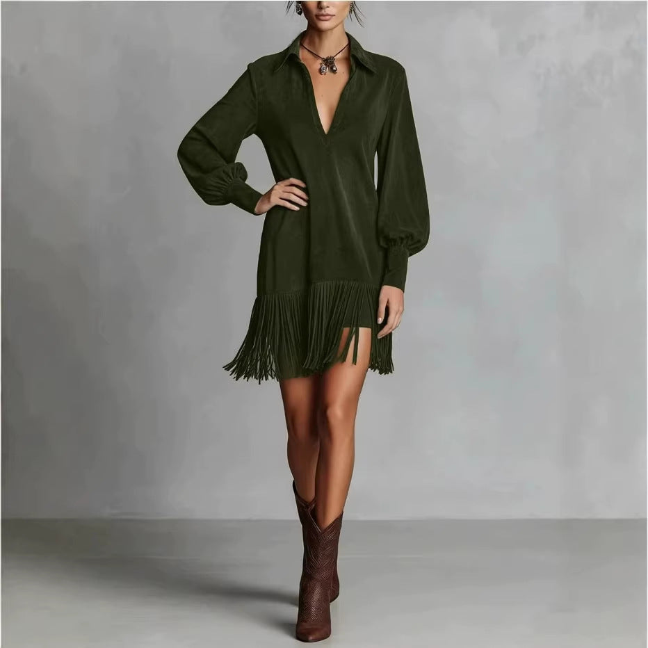 Women's Deerskin Solid Color Black Style Fringed Hem Long Dress