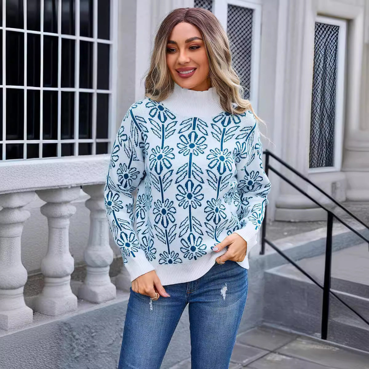 Women's Spring Turtleneck Flower Large For Sweaters